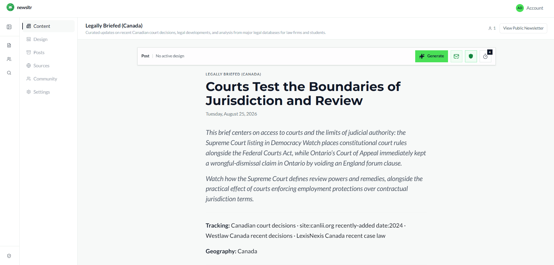 Example Newsltr editor with a source-backed newsletter draft ready for review